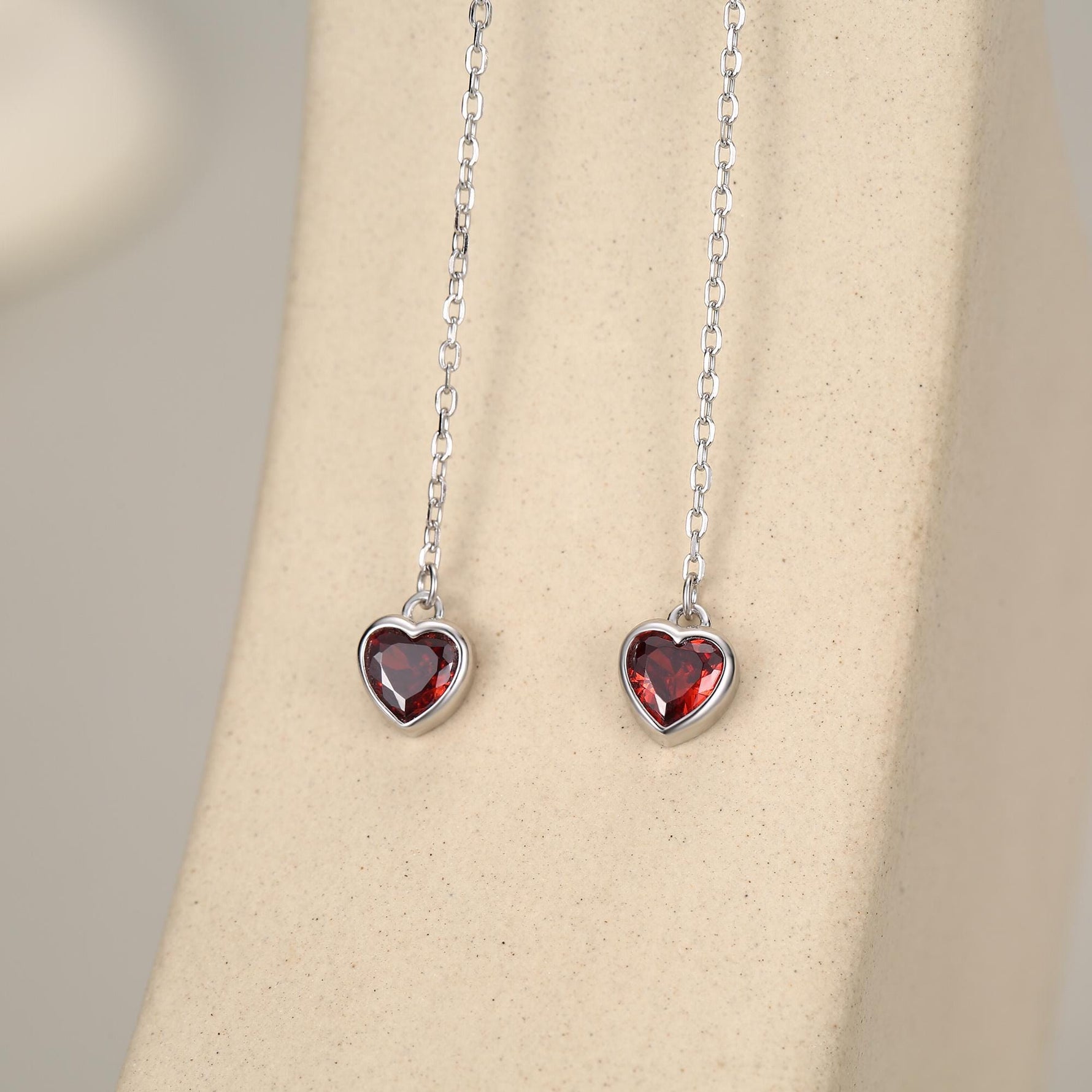 Tiny Garnet Red CZ Heart Threader Earrings in Sterling Silver, 9cm, Silver or Gold, Dainty Heart Ear Threaders, Delicate Heart Threaders
