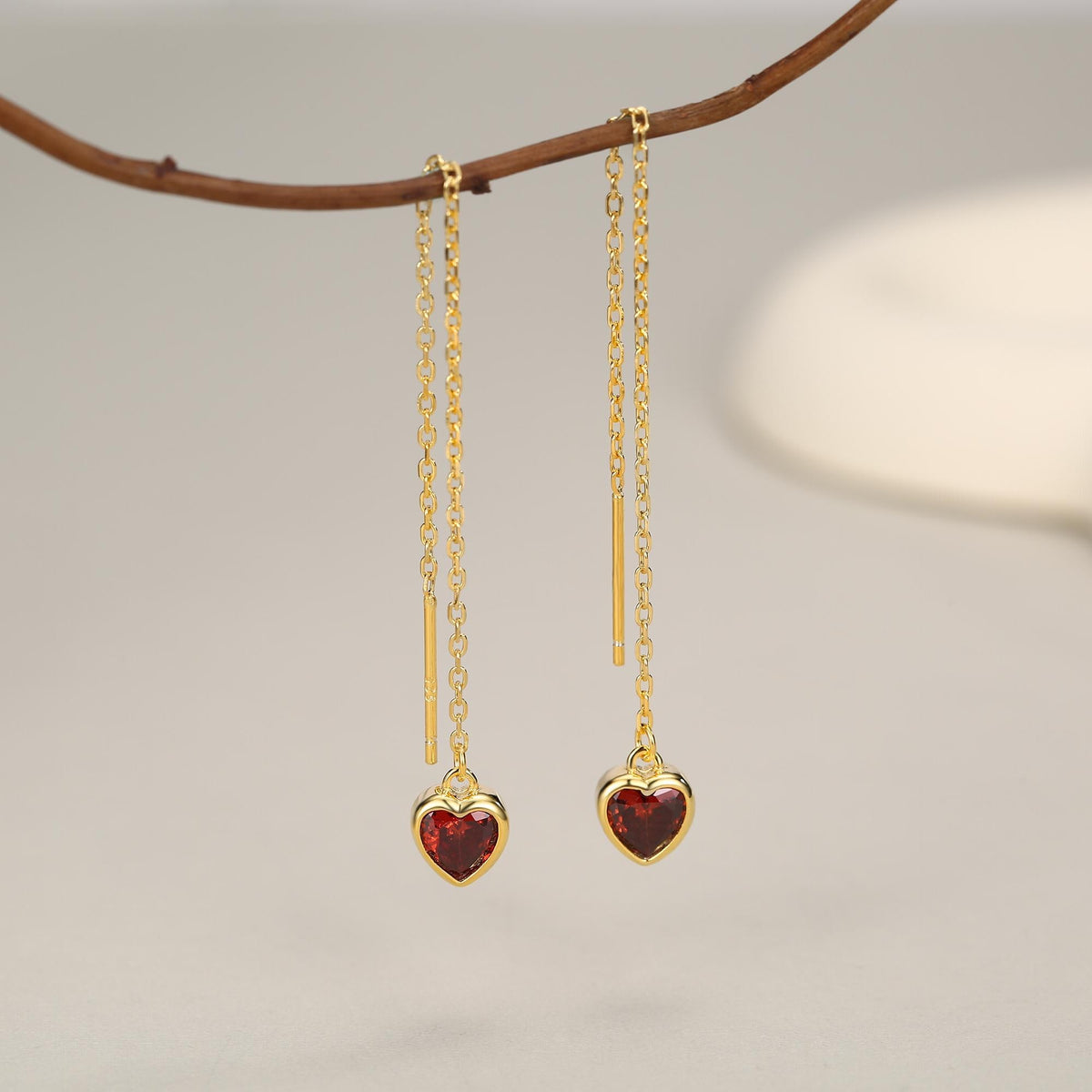 Tiny Garnet Red CZ Heart Threader Earrings in Sterling Silver, 9cm, Silver or Gold, Dainty Heart Ear Threaders, Delicate Heart Threaders