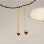 Tiny Garnet Red CZ Heart Threader Earrings in Sterling Silver, 9cm, Silver or Gold, Dainty Heart Ear Threaders, Delicate Heart Threaders
