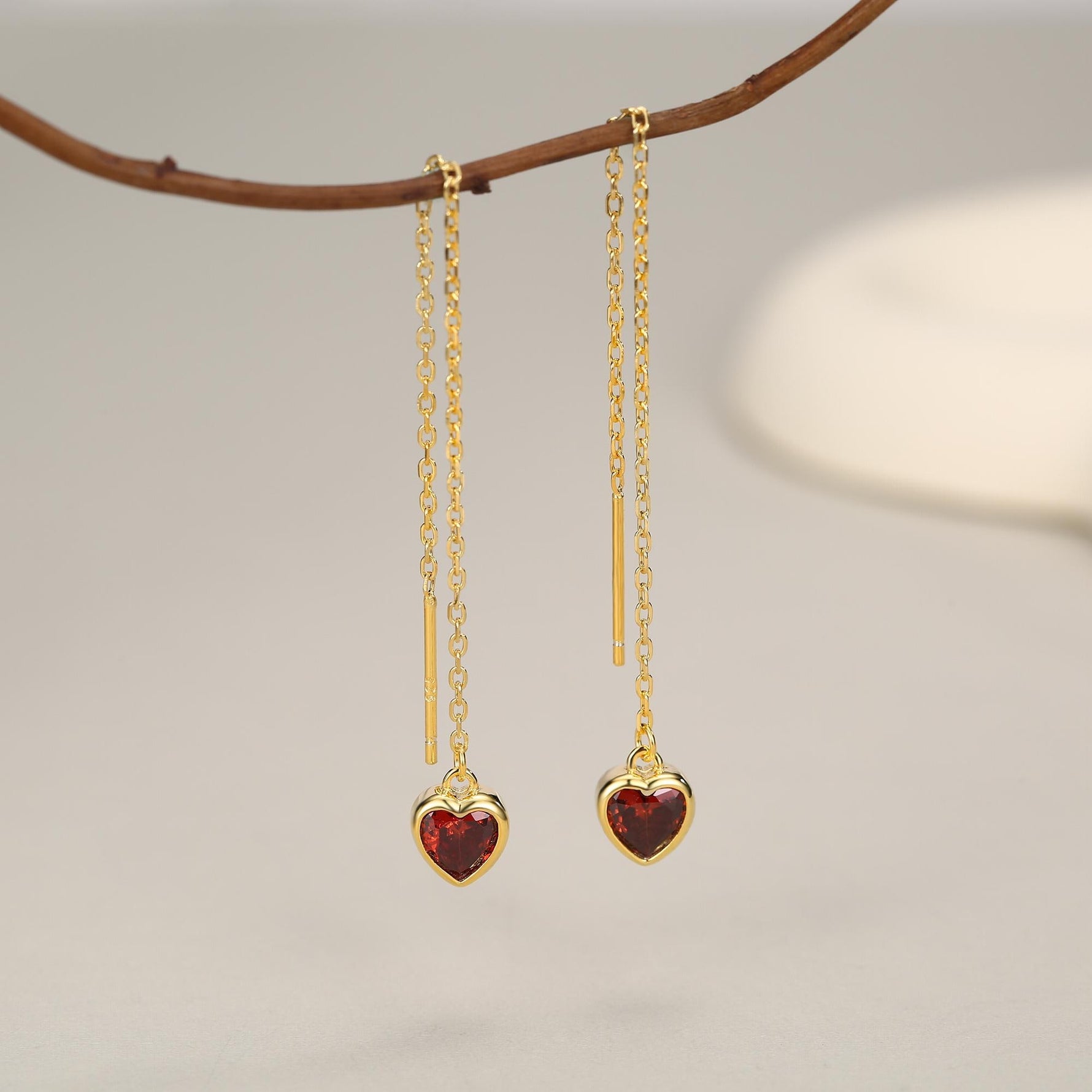 Tiny Garnet Red CZ Heart Threader Earrings in Sterling Silver, 9cm, Silver or Gold, Dainty Heart Ear Threaders, Delicate Heart Threaders
