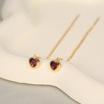 Tiny Garnet Red CZ Heart Threader Earrings in Sterling Silver, 9cm, Silver or Gold, Dainty Heart Ear Threaders, Delicate Heart Threaders