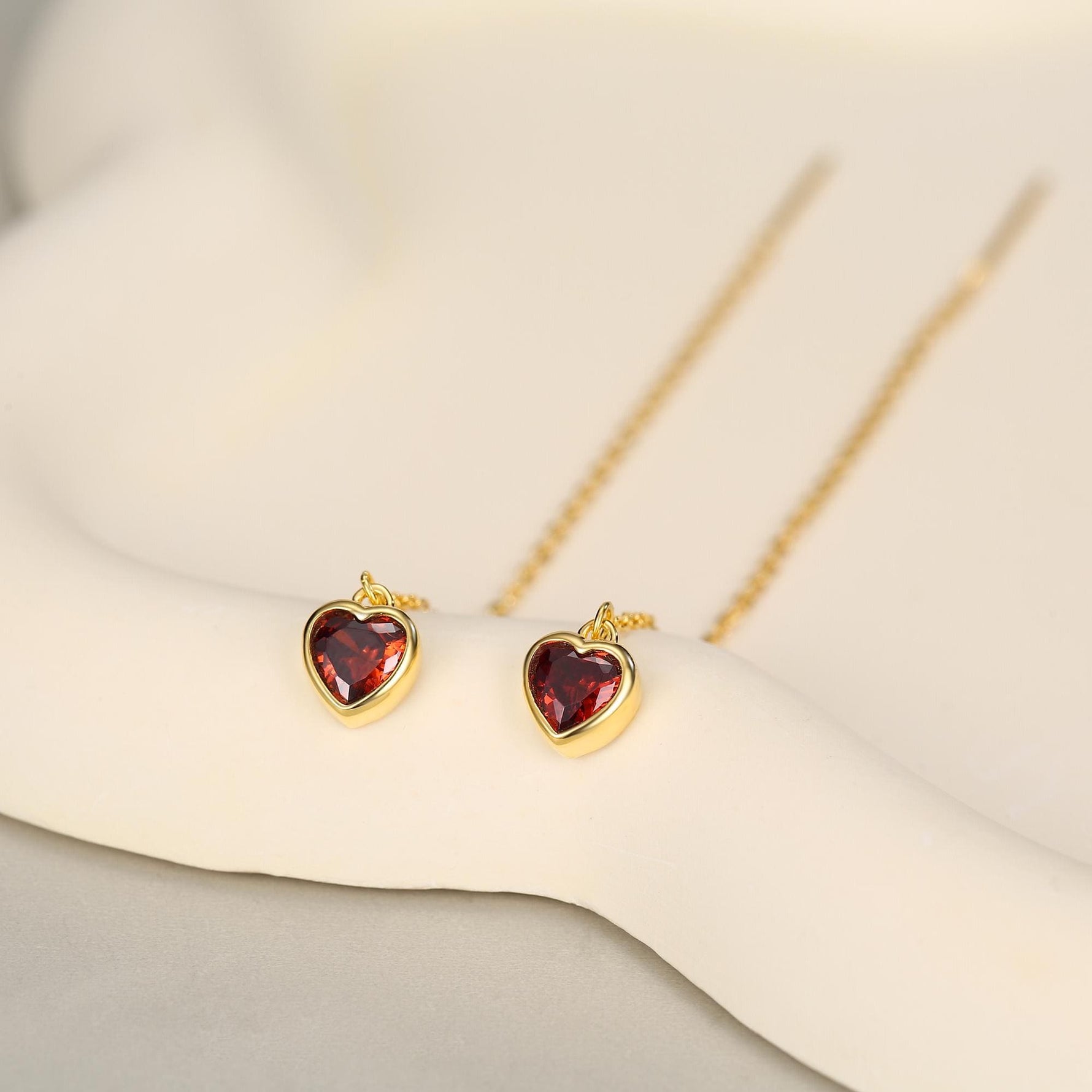 Tiny Garnet Red CZ Heart Threader Earrings in Sterling Silver, 9cm, Silver or Gold, Dainty Heart Ear Threaders, Delicate Heart Threaders