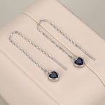 Tiny Sapphire Blue CZ Heart Threader Earrings in Sterling Silver, 9cm, Silver or Gold, Dainty Heart Ear Threaders, Delicate Heart Threaders