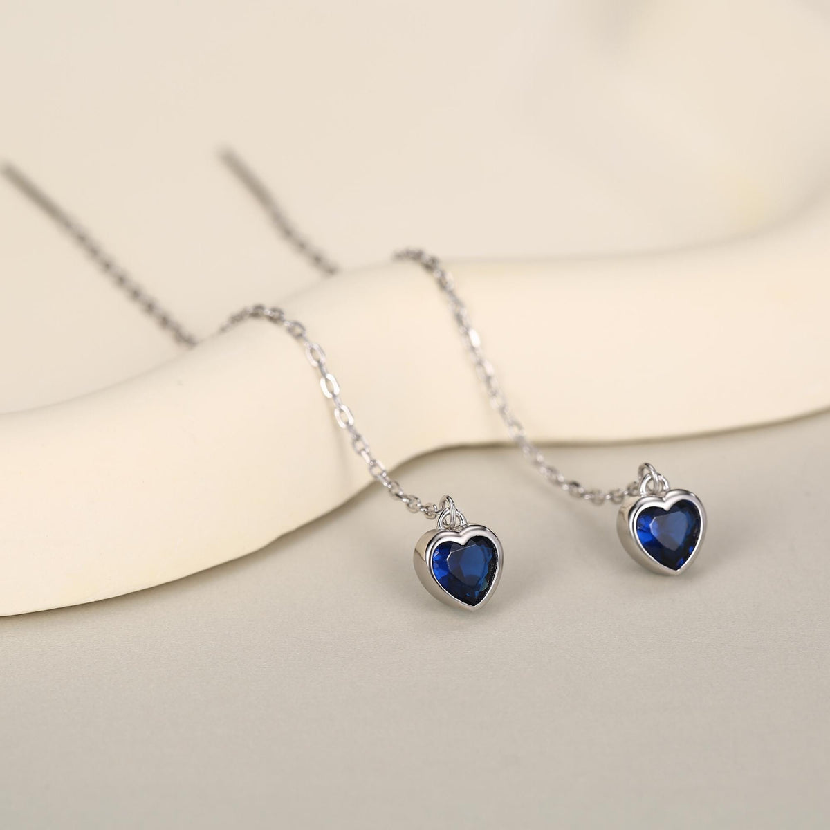 Tiny Sapphire Blue CZ Heart Threader Earrings in Sterling Silver, 9cm, Silver or Gold, Dainty Heart Ear Threaders, Delicate Heart Threaders