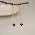 Tiny Sapphire Blue CZ Heart Threader Earrings in Sterling Silver, 9cm, Silver or Gold, Dainty Heart Ear Threaders, Delicate Heart Threaders