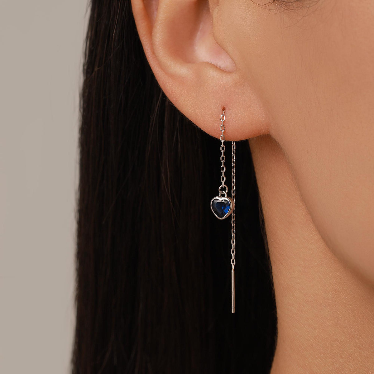 Tiny Sapphire Blue CZ Heart Threader Earrings in Sterling Silver, 9cm, Silver or Gold, Dainty Heart Ear Threaders, Delicate Heart Threaders