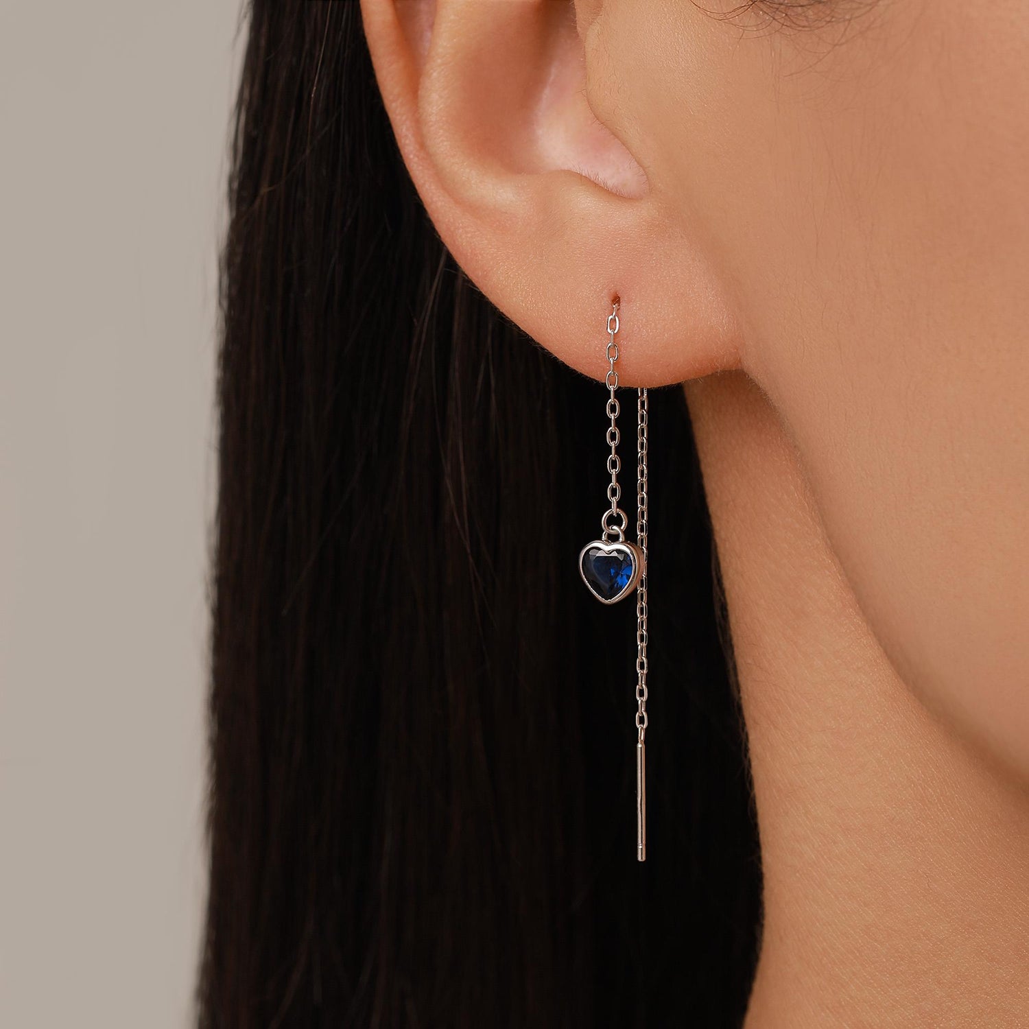 Tiny Sapphire Blue CZ Heart Threader Earrings in Sterling Silver, 9cm, Silver or Gold, Dainty Heart Ear Threaders, Delicate Heart Threaders