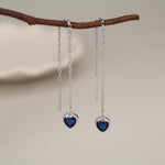 Tiny Sapphire Blue CZ Heart Threader Earrings in Sterling Silver, 9cm, Silver or Gold, Dainty Heart Ear Threaders, Delicate Heart Threaders