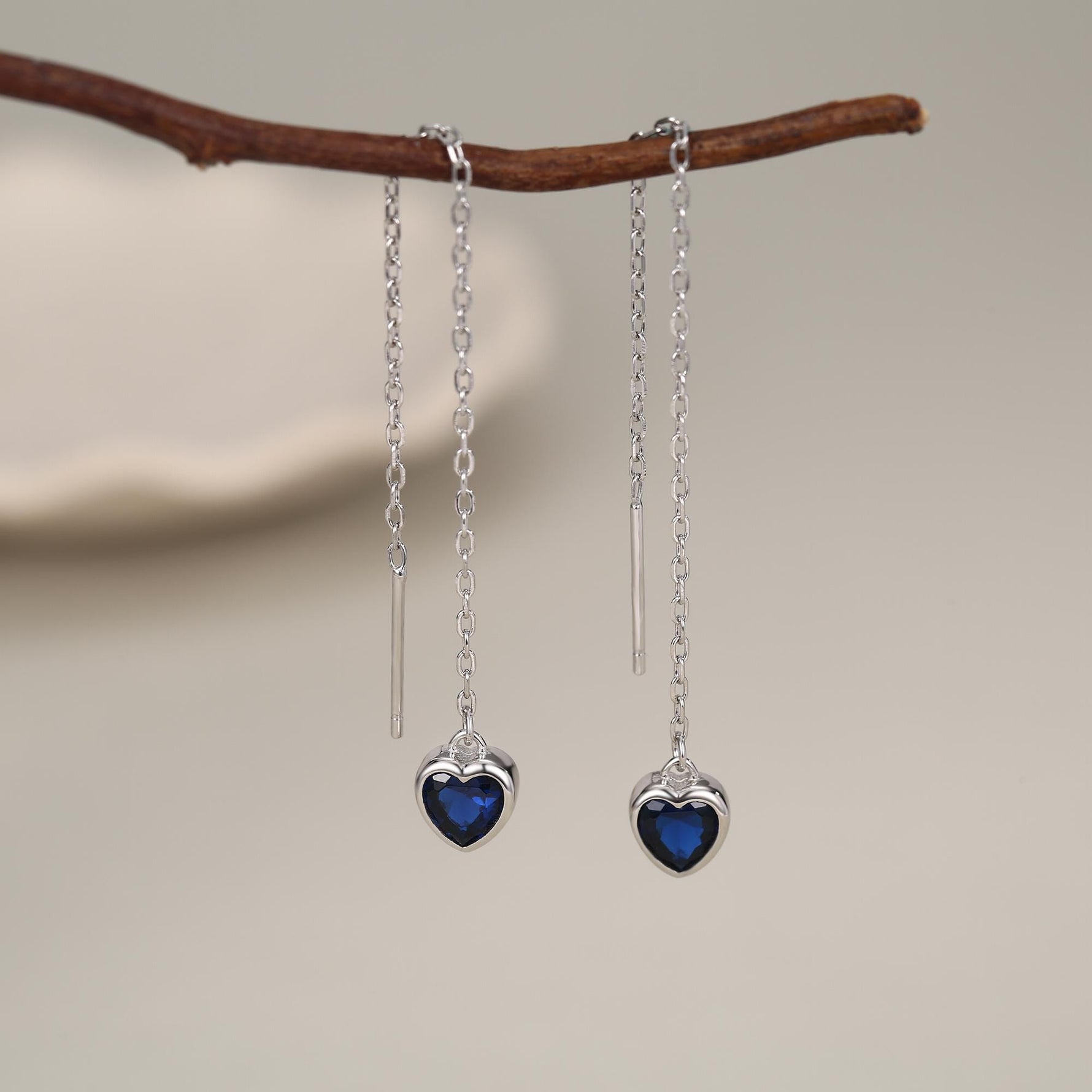 Tiny Sapphire Blue CZ Heart Threader Earrings in Sterling Silver, 9cm, Silver or Gold, Dainty Heart Ear Threaders, Delicate Heart Threaders