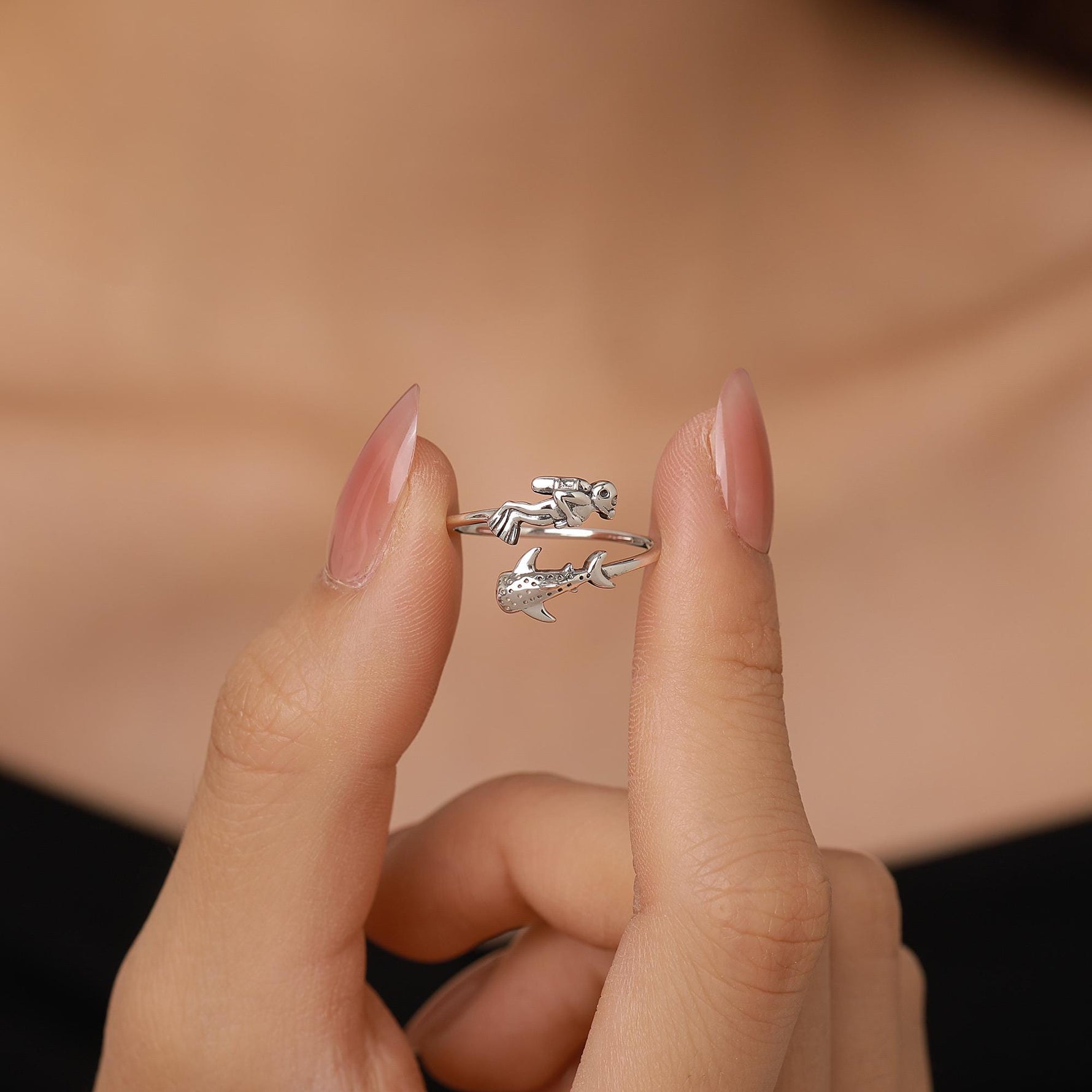 Sterling Silver Scuba Diver and Whale Shark Open Ring