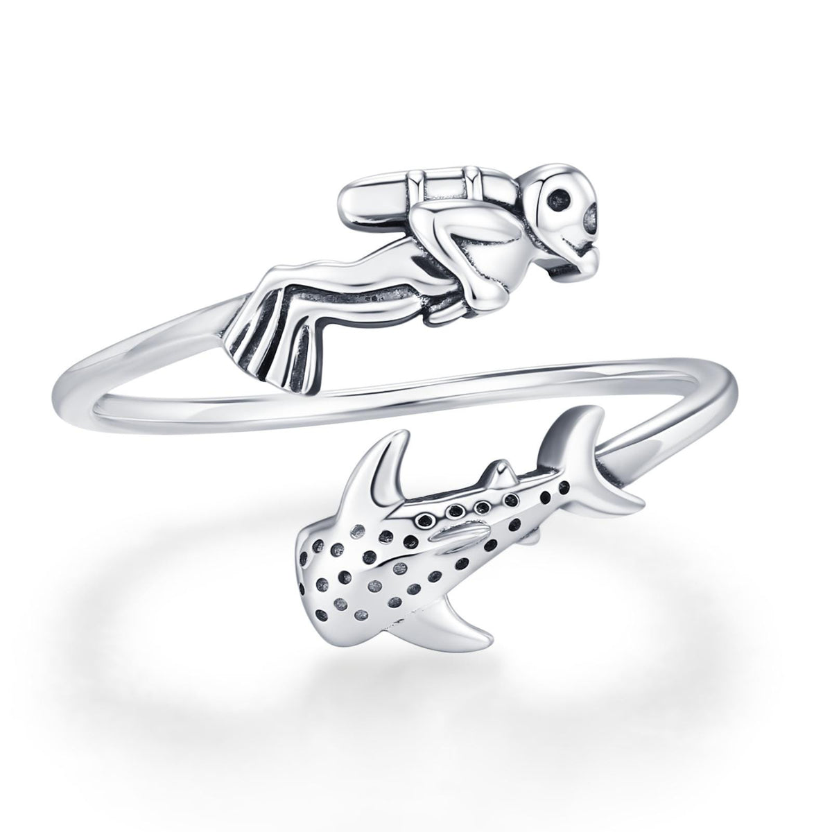 Sterling Silver Scuba Diver and Whale Shark Open Ring