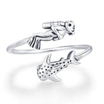 Sterling Silver Scuba Diver and Whale Shark Open Ring
