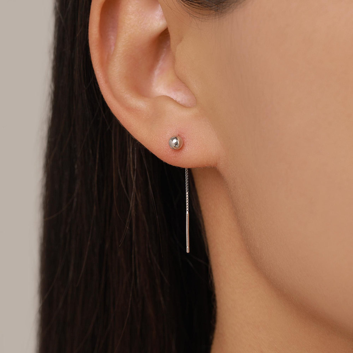Minimalist Ball Threaders Earrings in Sterling Silver, Ball Ear Threaders with Very Short Chain