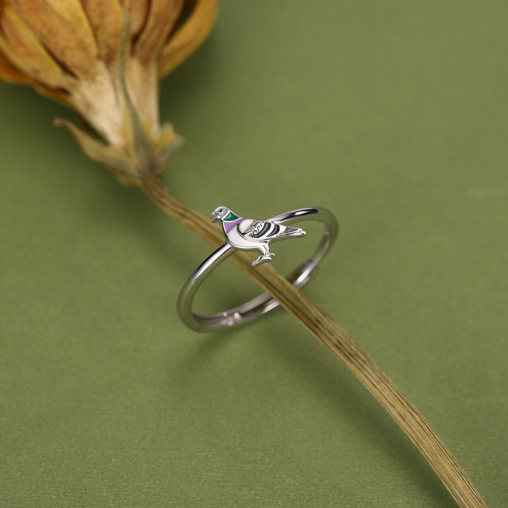 Sterling Silver Enamel Pigeon Ring