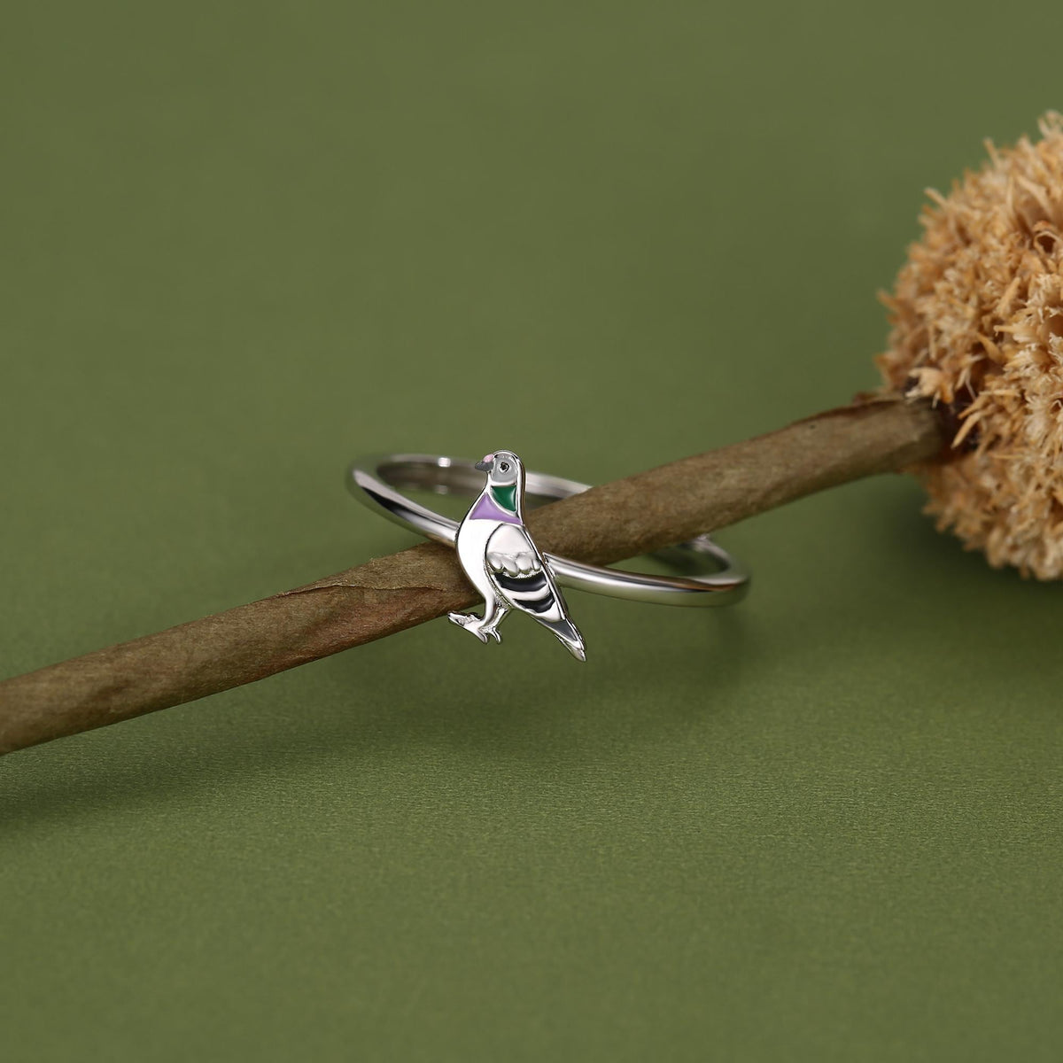 Sterling Silver Enamel Pigeon Ring