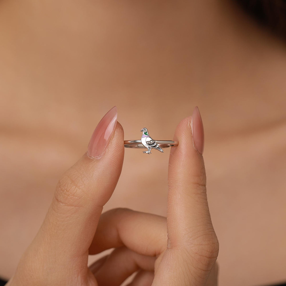Sterling Silver Enamel Pigeon Ring