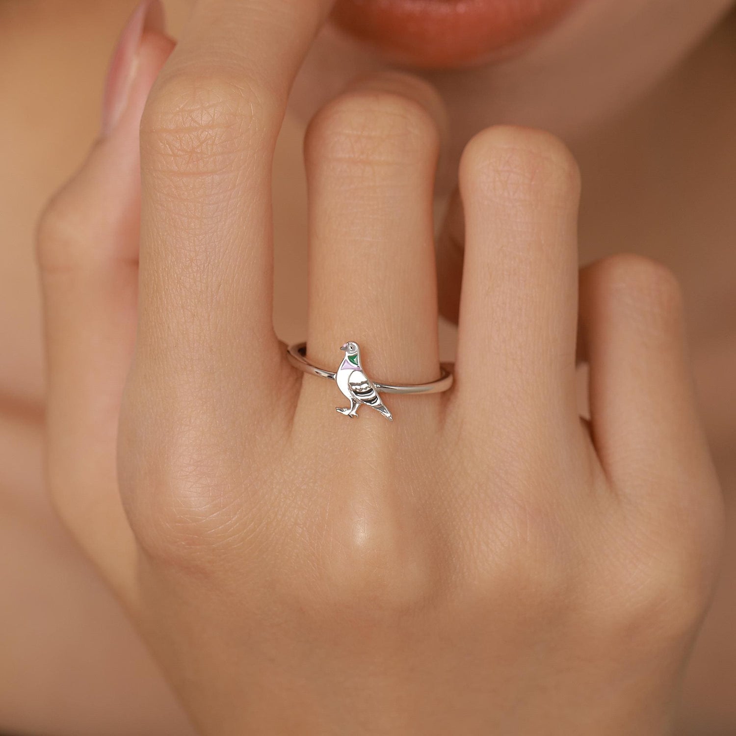 Sterling Silver Enamel Pigeon Ring