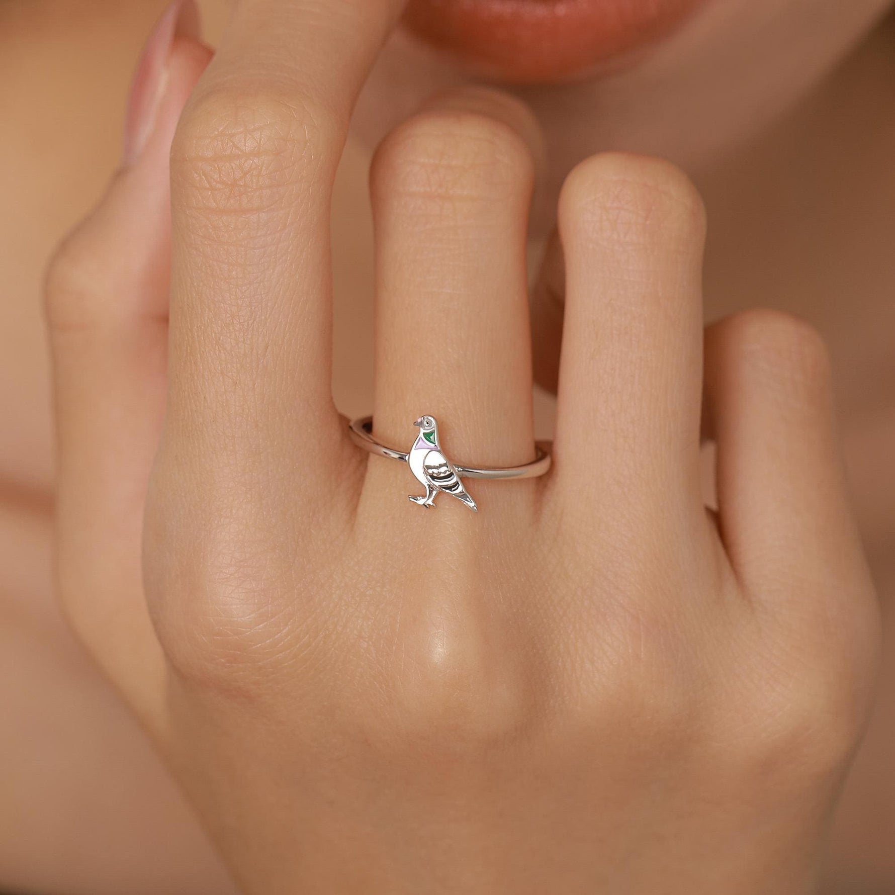 Sterling Silver Enamel Pigeon Ring