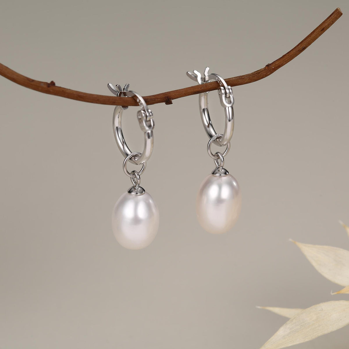 Natural Oval Freshwater Pearl Hoop Earrings in Sterling Silver