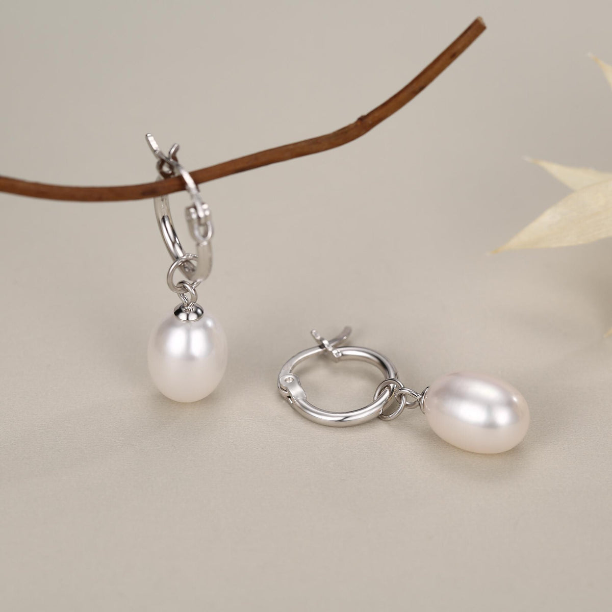 Natural Oval Freshwater Pearl Hoop Earrings in Sterling Silver