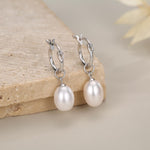 Natural Oval Freshwater Pearl Hoop Earrings in Sterling Silver