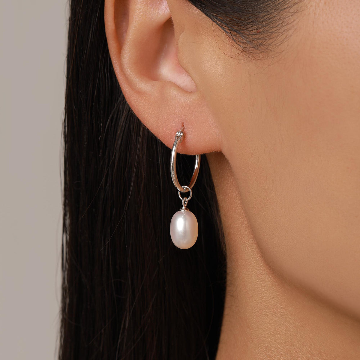 Natural Oval Freshwater Pearl Hoop Earrings in Sterling Silver