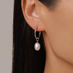 Natural Oval Freshwater Pearl Hoop Earrings in Sterling Silver