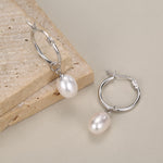 Natural Oval Freshwater Pearl Hoop Earrings in Sterling Silver