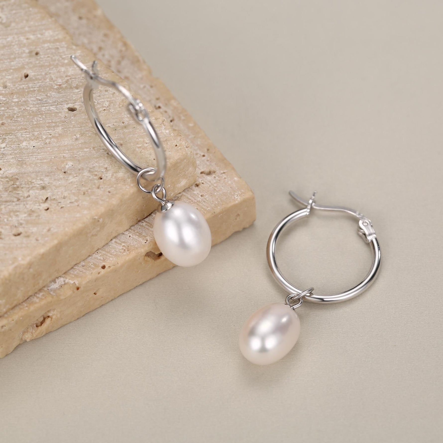 Natural Oval Freshwater Pearl Hoop Earrings in Sterling Silver