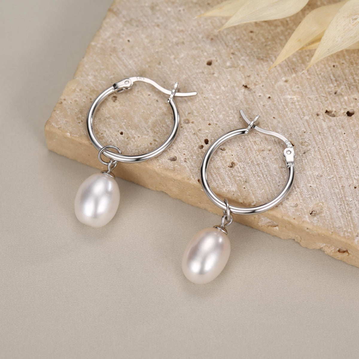 Natural Oval Freshwater Pearl Hoop Earrings in Sterling Silver