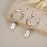Natural Oval Freshwater Pearl Hoop Earrings in Sterling Silver