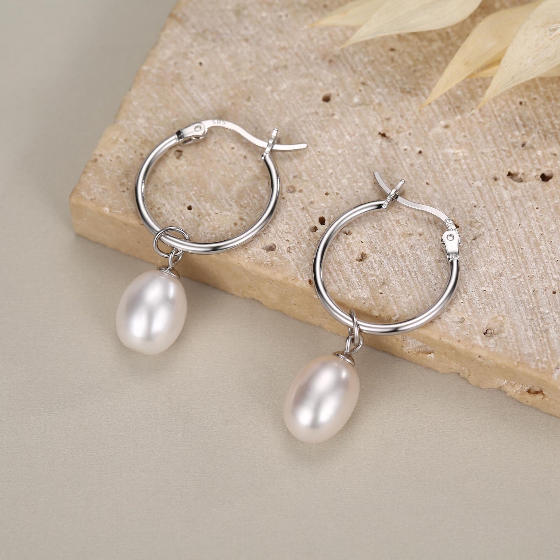 Natural Oval Freshwater Pearl Hoop Earrings in Sterling Silver