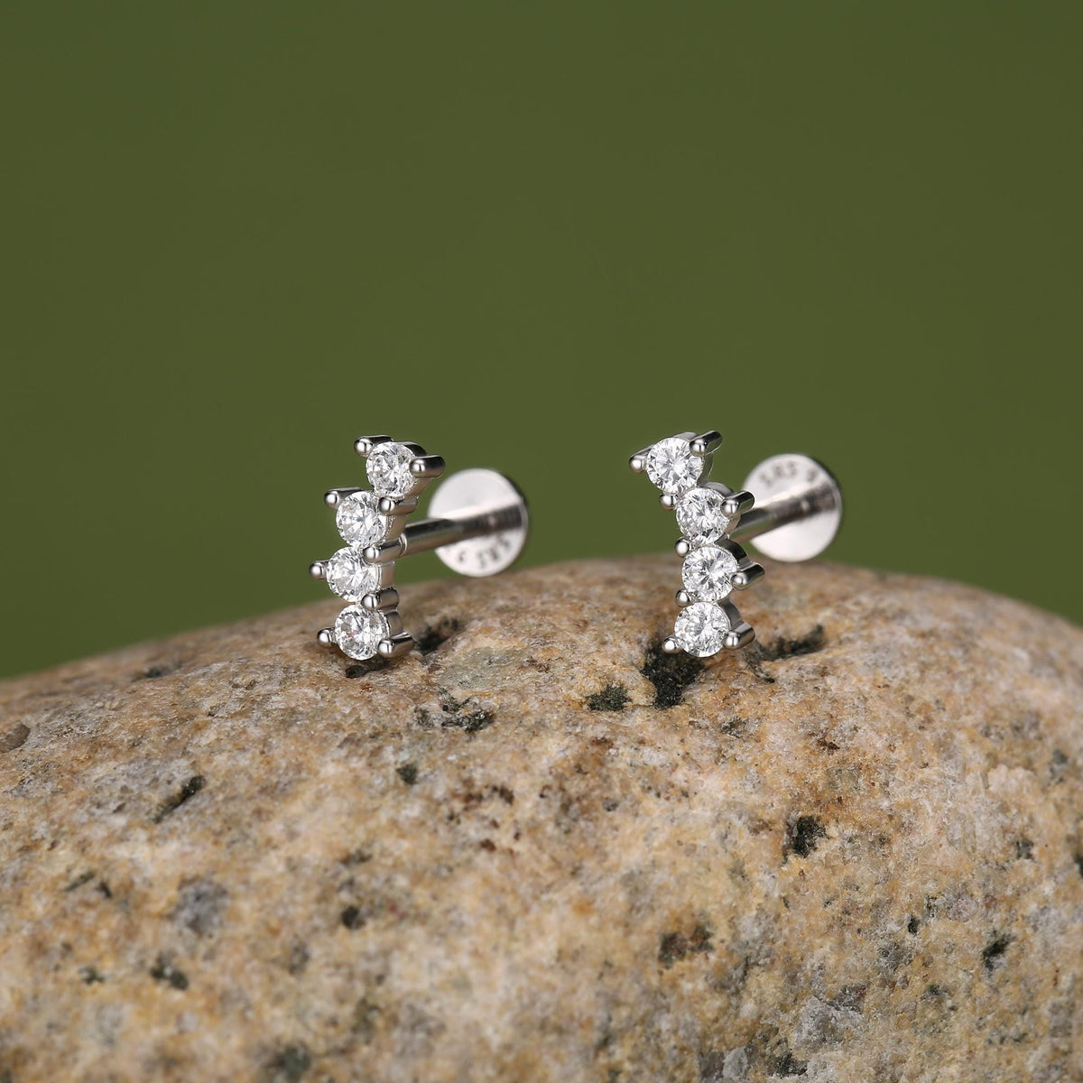 Sterling Silver Curved CZ 16G Internally Threaded Flat Back Earrings