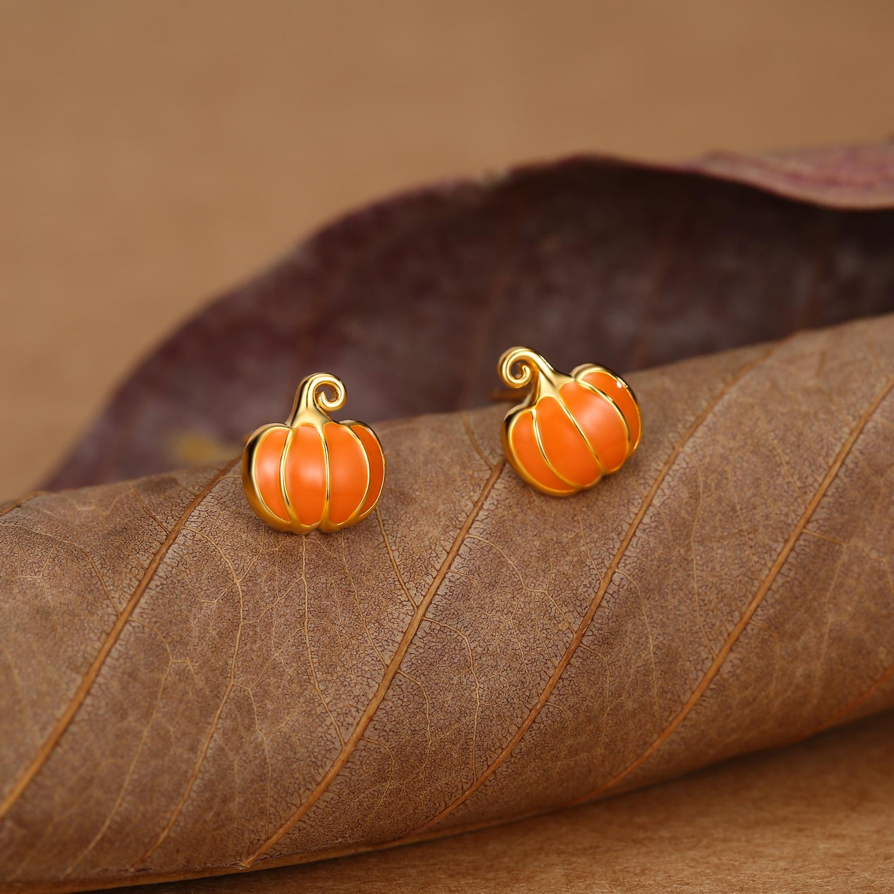 Sterling Silver Orange Enamel Pumpkin Stud Earrings