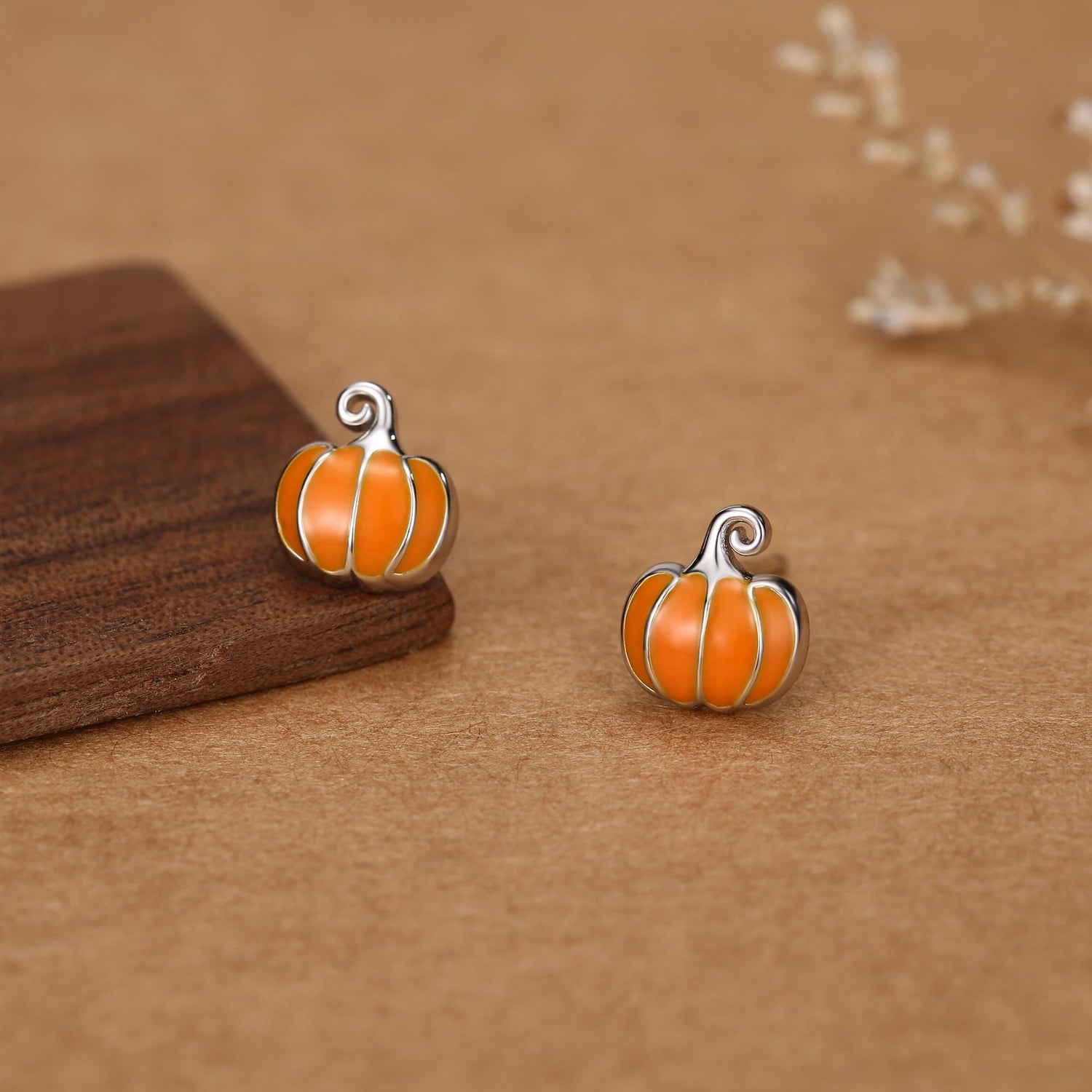 Sterling Silver Orange Enamel Pumpkin Stud Earrings