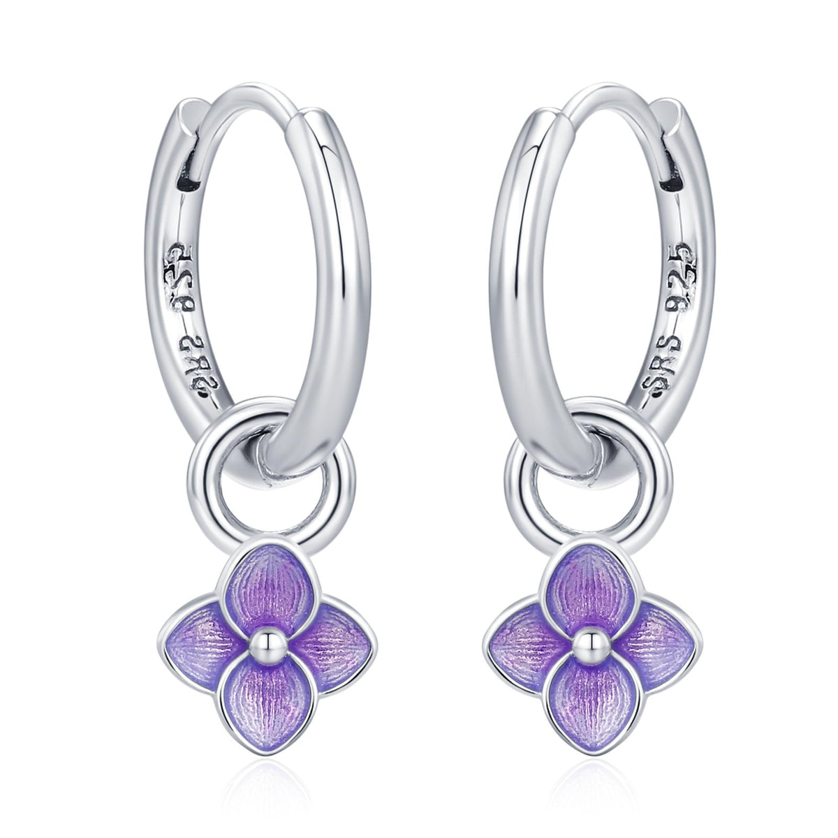Sterling Silver Purple Enamel Hydrangea Dangle Hoop Earrings