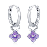 Sterling Silver Purple Enamel Hydrangea Dangle Hoop Earrings