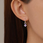 Sterling Silver Purple Enamel Hydrangea Dangle Hoop Earrings