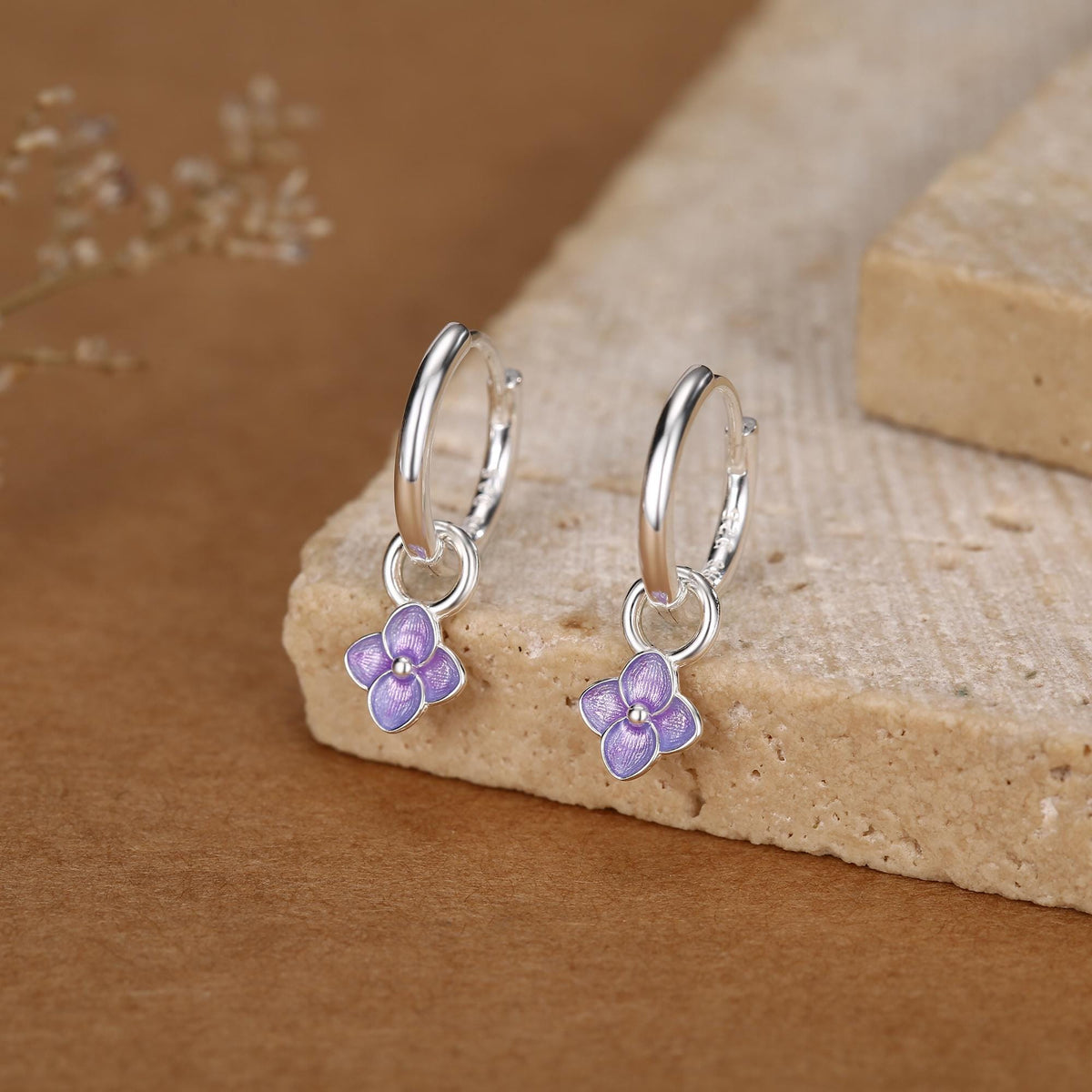 Sterling Silver Purple Enamel Hydrangea Dangle Hoop Earrings