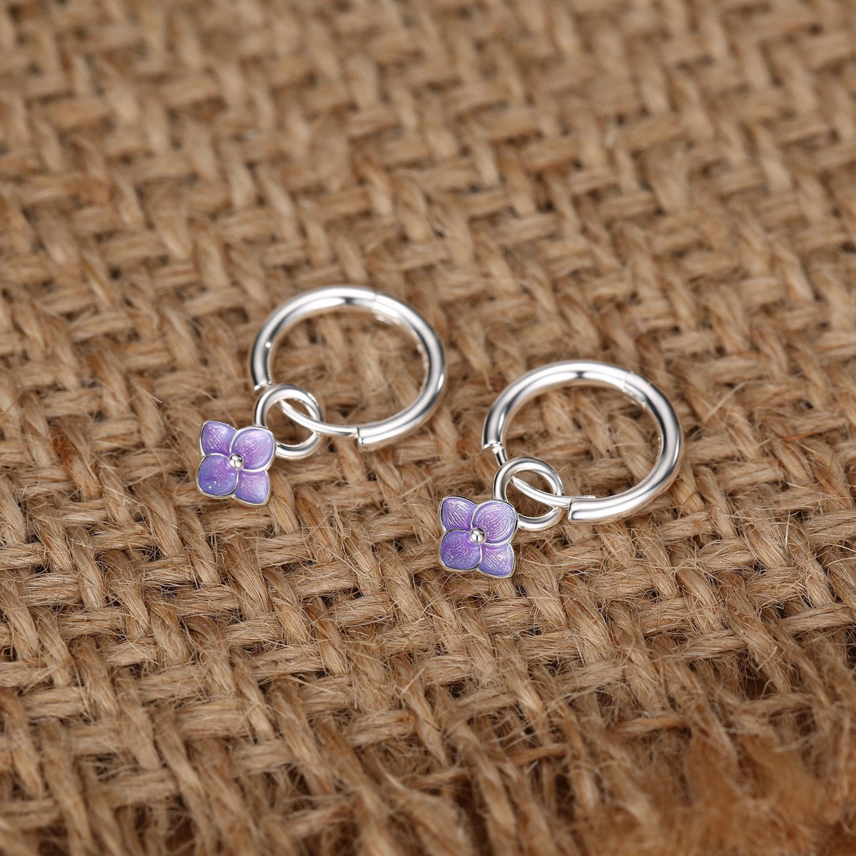 Sterling Silver Purple Enamel Hydrangea Dangle Hoop Earrings