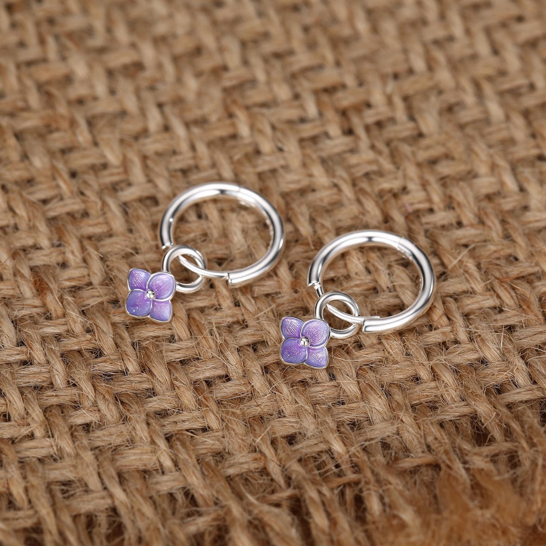 Sterling Silver Purple Enamel Hydrangea Dangle Hoop Earrings