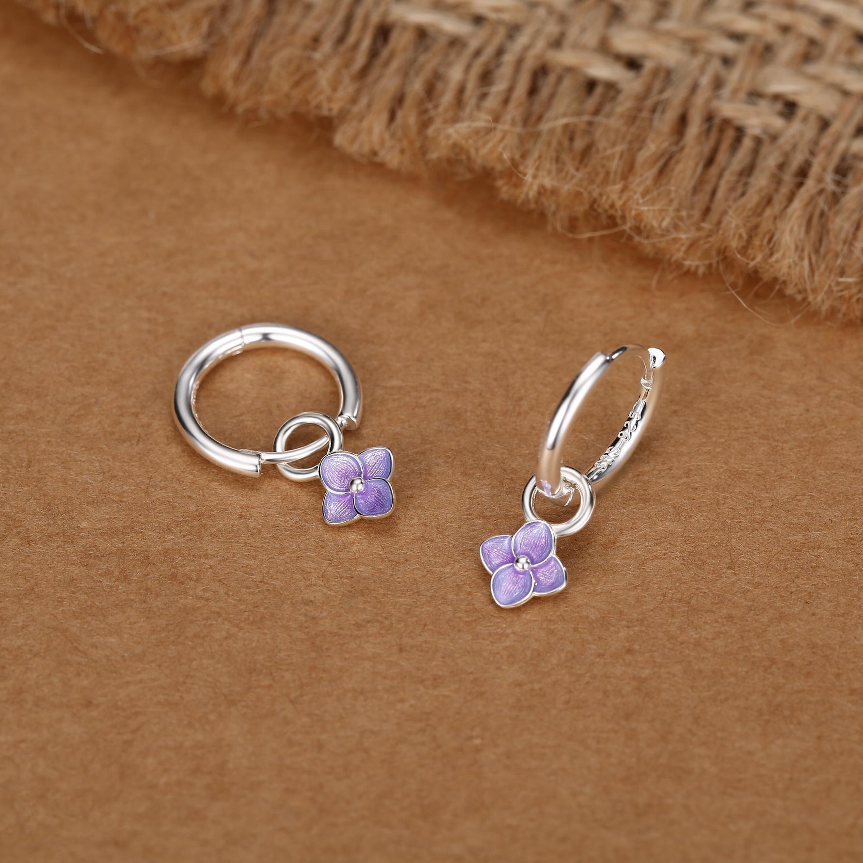 Sterling Silver Purple Enamel Hydrangea Dangle Hoop Earrings