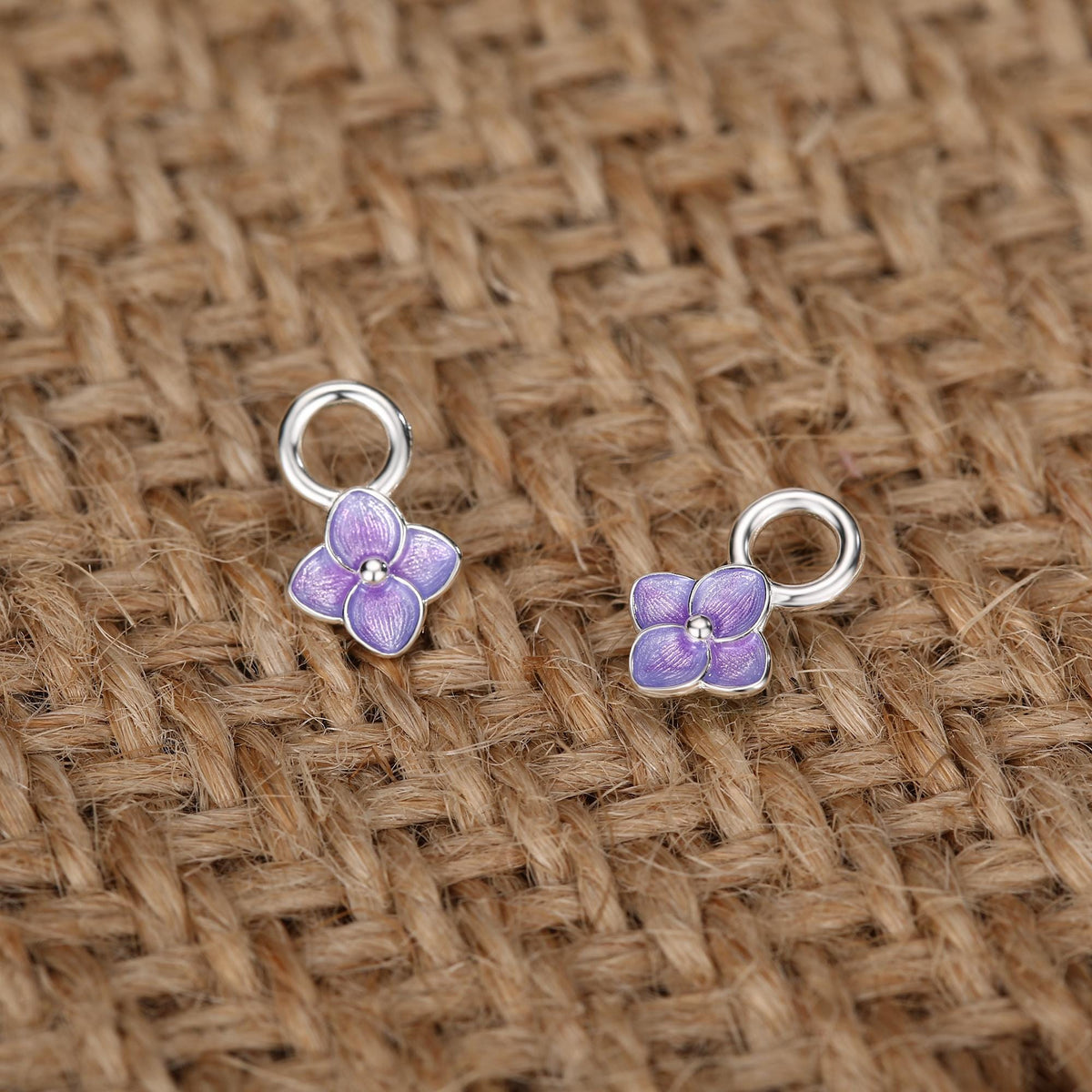 Sterling Silver Purple Enamel Hydrangea Dangle Hoop Earrings