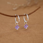 Sterling Silver Purple Enamel Hydrangea Dangle Hoop Earrings