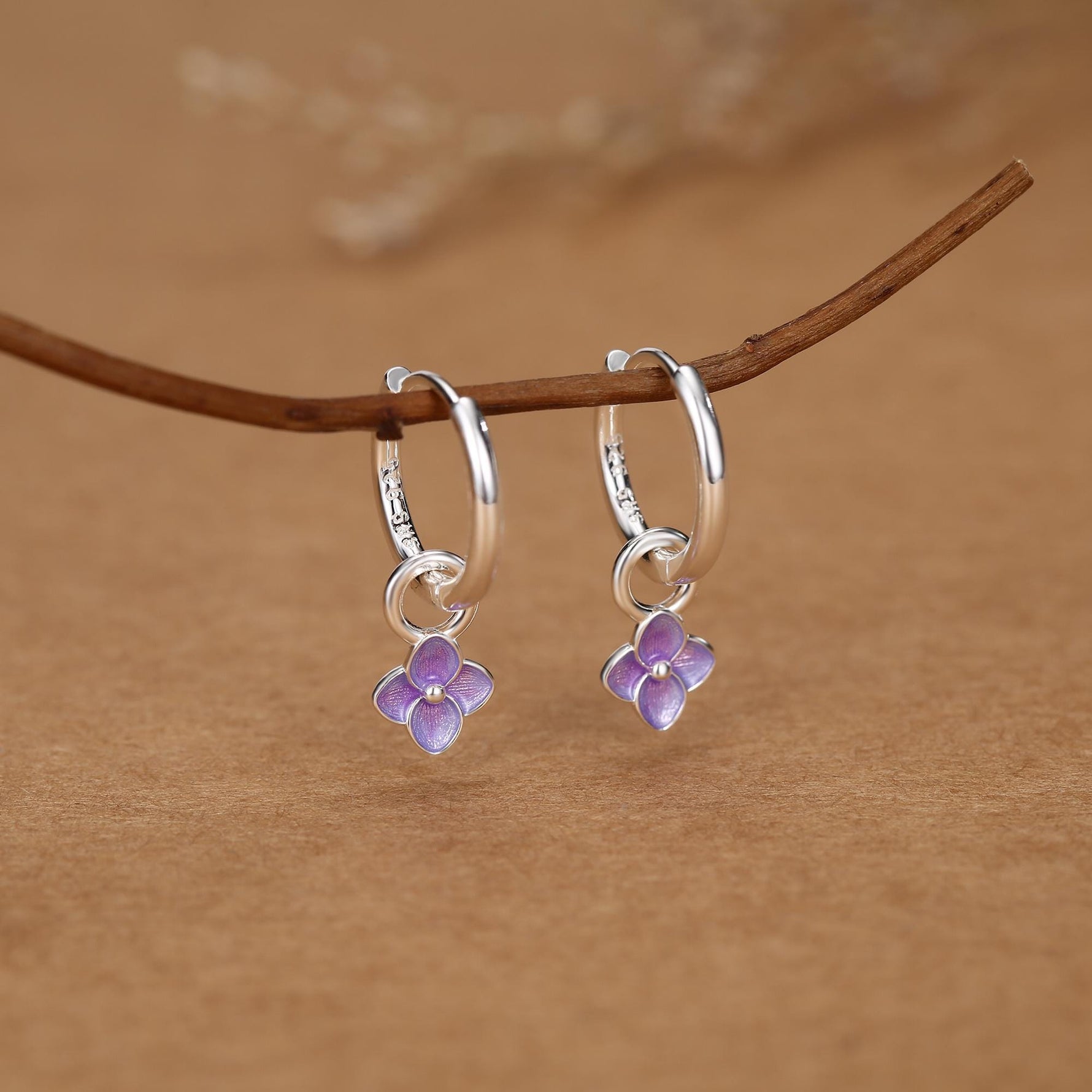Sterling Silver Purple Enamel Hydrangea Dangle Hoop Earrings