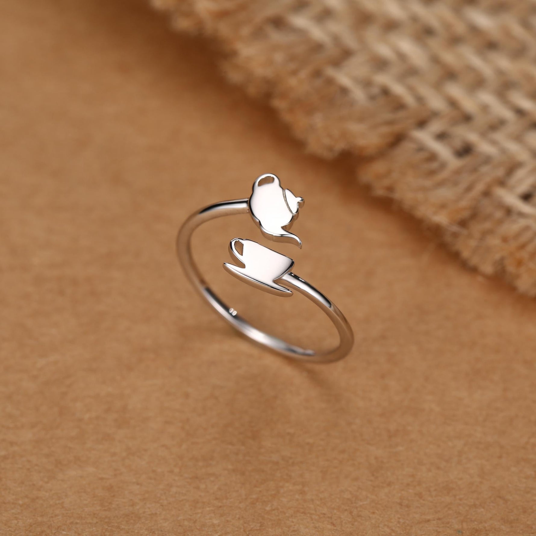 Sterling Silver Teapot and Teacup Adjustable Ring