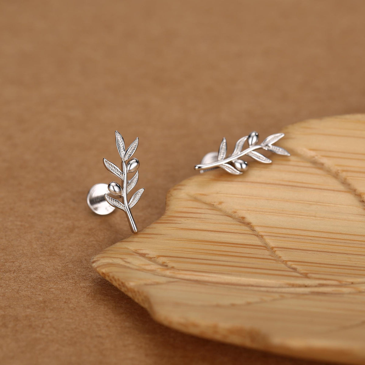 Sterling Silver Olive Branch 16G Flat Back Earrings