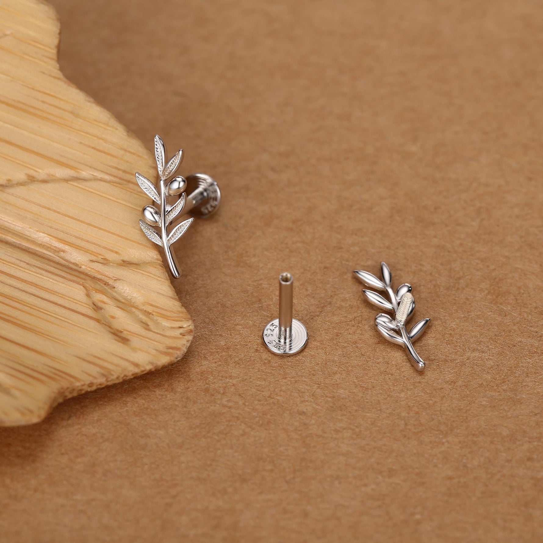 Sterling Silver Olive Branch 16G Flat Back Earrings
