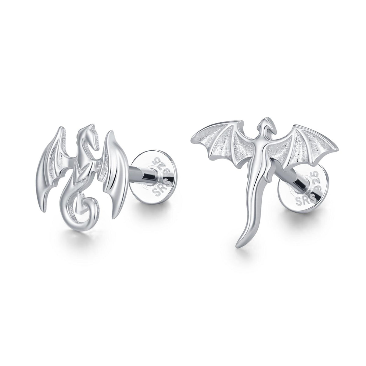 Sterling Silver Mismatched Dragon 16G Internally Threaded Flat Back Earrings