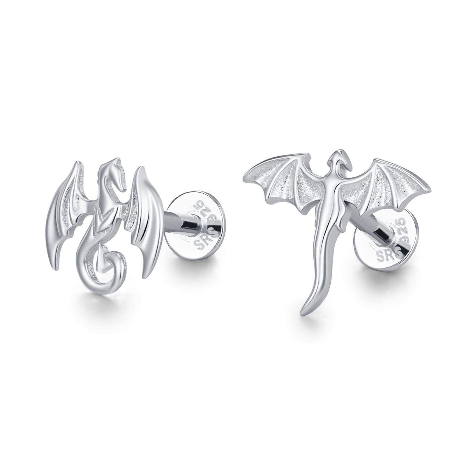 Sterling Silver Mismatched Dragon 16G Internally Threaded Flat Back Earrings
